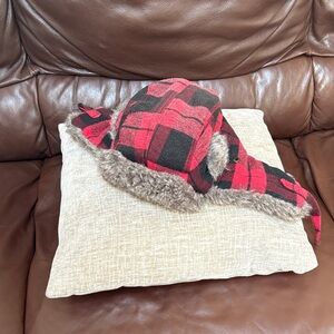Cabela's Red and Black Plaid Trapper Hat with Faux Fur